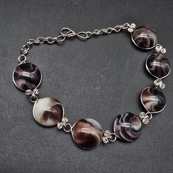 Purple Marbled Glass Bracelet Silver Tone Artisan - Picture 7 of 8